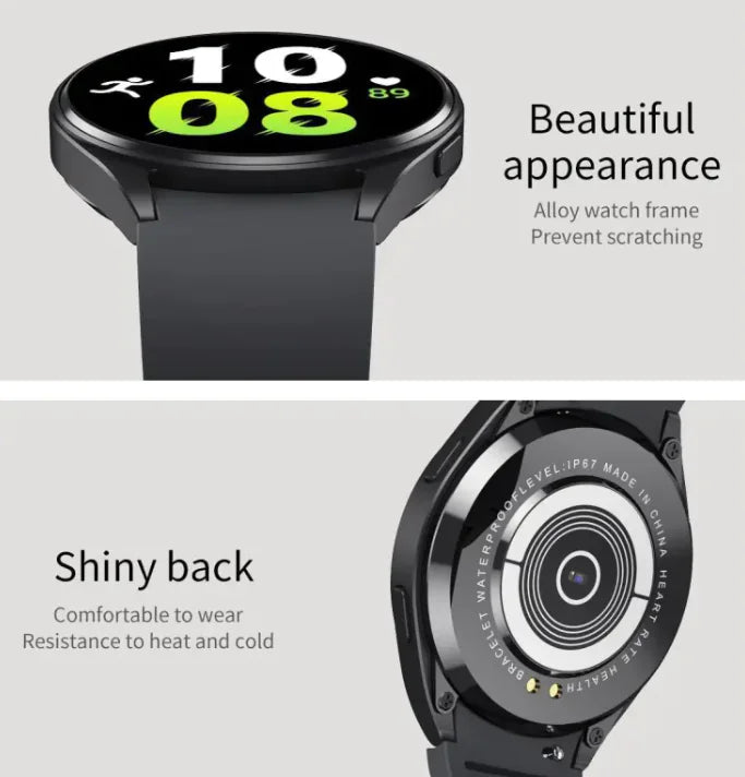 Smartwatch with alloy frame and shiny back design on a gray background.
