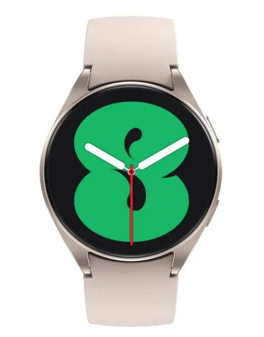 Smartwatch with a green face and beige band on a white background