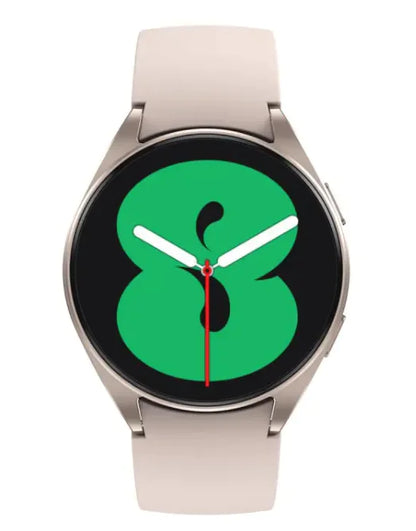 Smartwatch with a green face and beige band on a white background