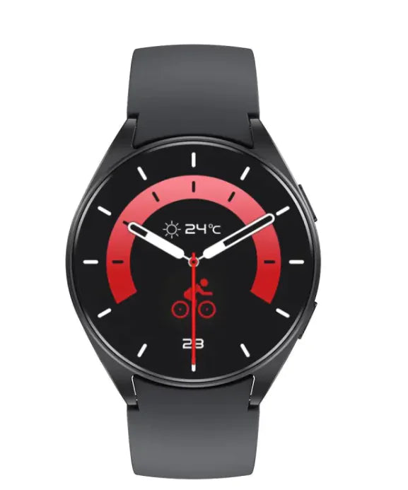 The image shows a digital smartwatch with a green display, named TF5 PRO. It lists product features such as a 1.