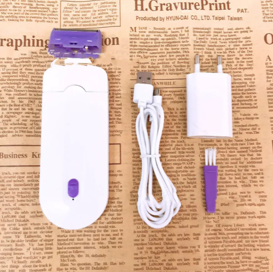White electronic device with purple accents and accessories on newspaper background