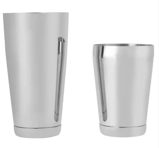 A silver Boston shaker set, consisting of a cocktail tin and a mixing glass.