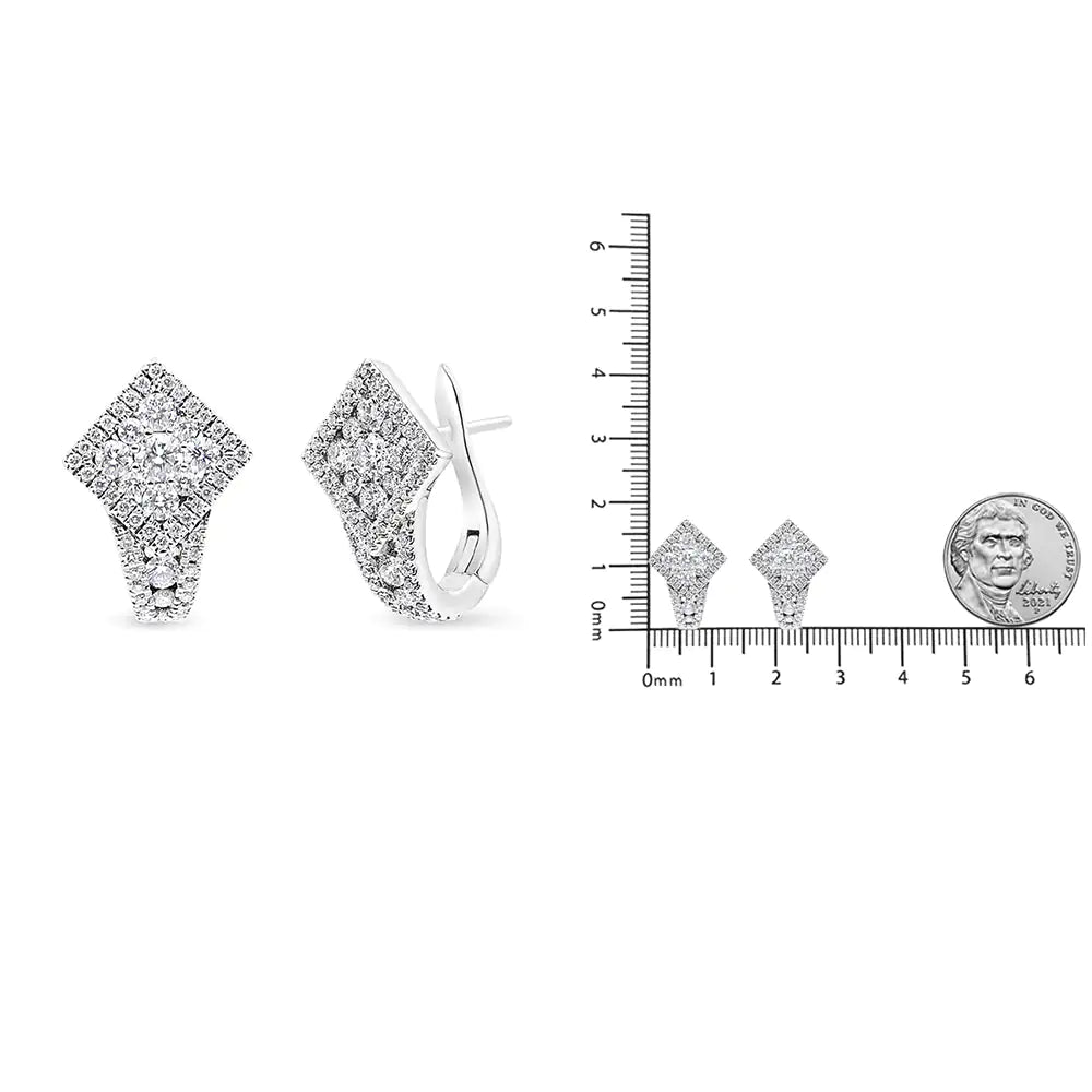 18K White Gold 1 1/10 Cttw Round Diamond Cluster with Halo Hoop Huggie Earring (F-G Color, VS1-VS2 Clarity) WEM Support (www.WEM.support)