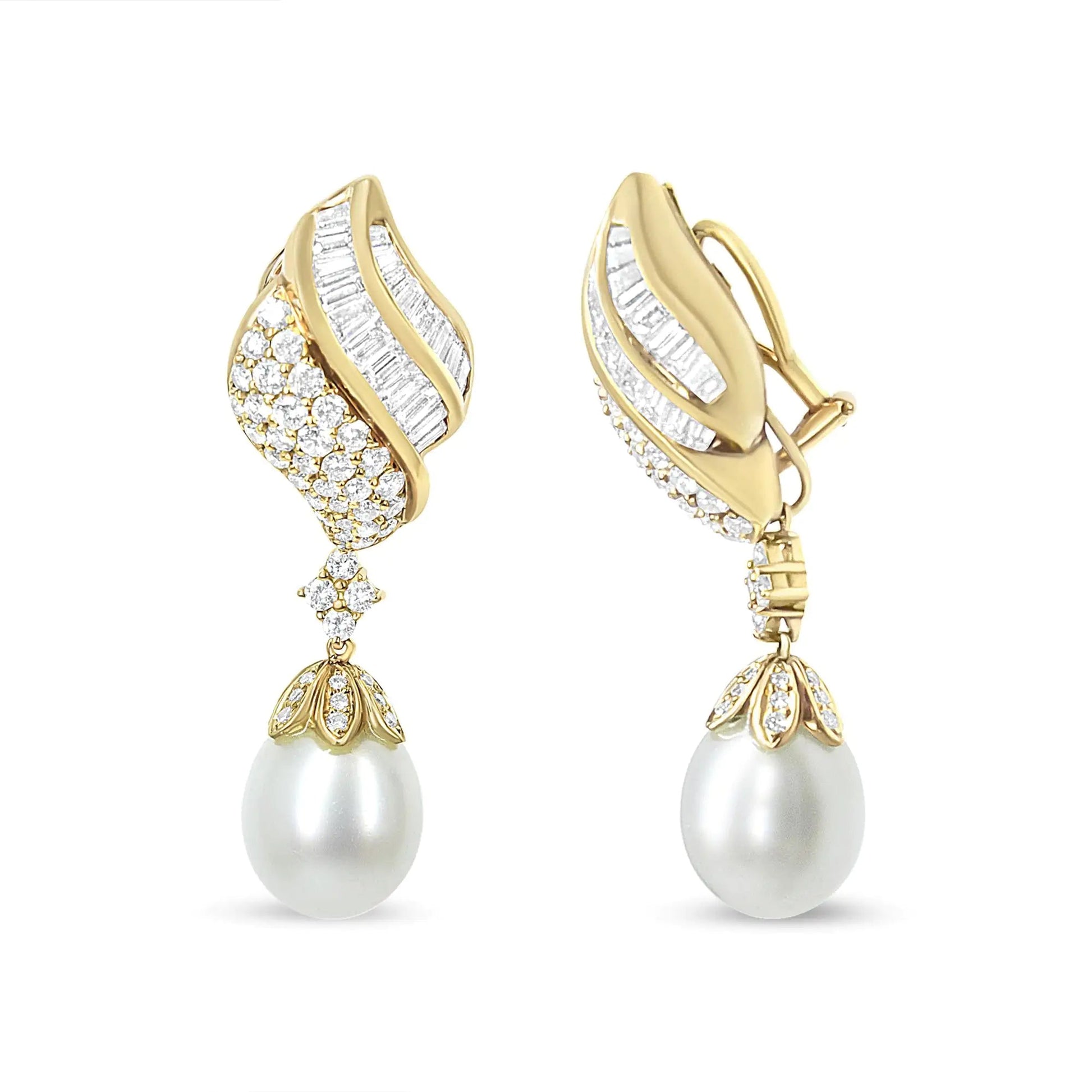 18k Yellow Gold 7.0 Cttw Baguette and Round Diamond South Sea Pearl Drop Dangle Clip-On Earrings (F-G Color, VS1-VS2 Clarity) WEM Support (www.WEM.support)