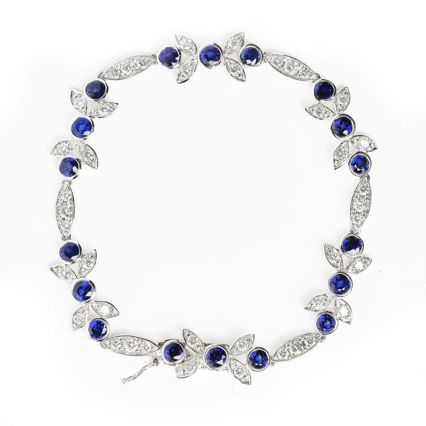18K White Gold 1 3/4 Cttw Diamond and 3x3mm Round Blue Sapphire Gemstone Floral Link Bracelet (G-H Color, SI1-SI2 Clarity) - Size 7" WEM Support (www.WEM.support)