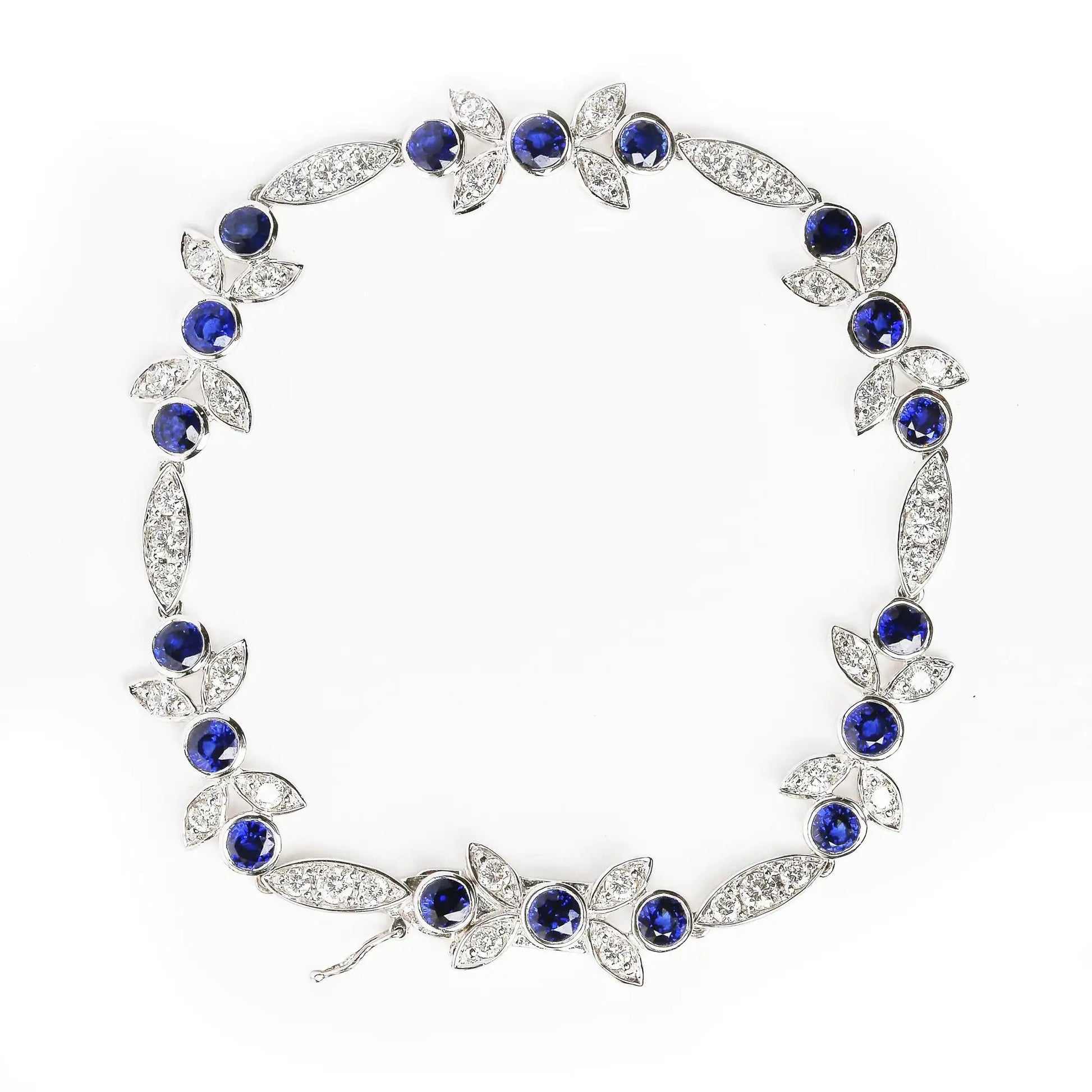 18K White Gold 1 3/4 Cttw Diamond and 3x3mm Round Blue Sapphire Gemstone Floral Link Bracelet (G-H Color, SI1-SI2 Clarity) - Size 7" WEM Support (www.WEM.support)