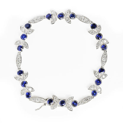 18K White Gold 1 3/4 Cttw Diamond and 3x3mm Round Blue Sapphire Gemstone Floral Link Bracelet (G-H Color, SI1-SI2 Clarity) - Size 7" WEM Support (www.WEM.support)
