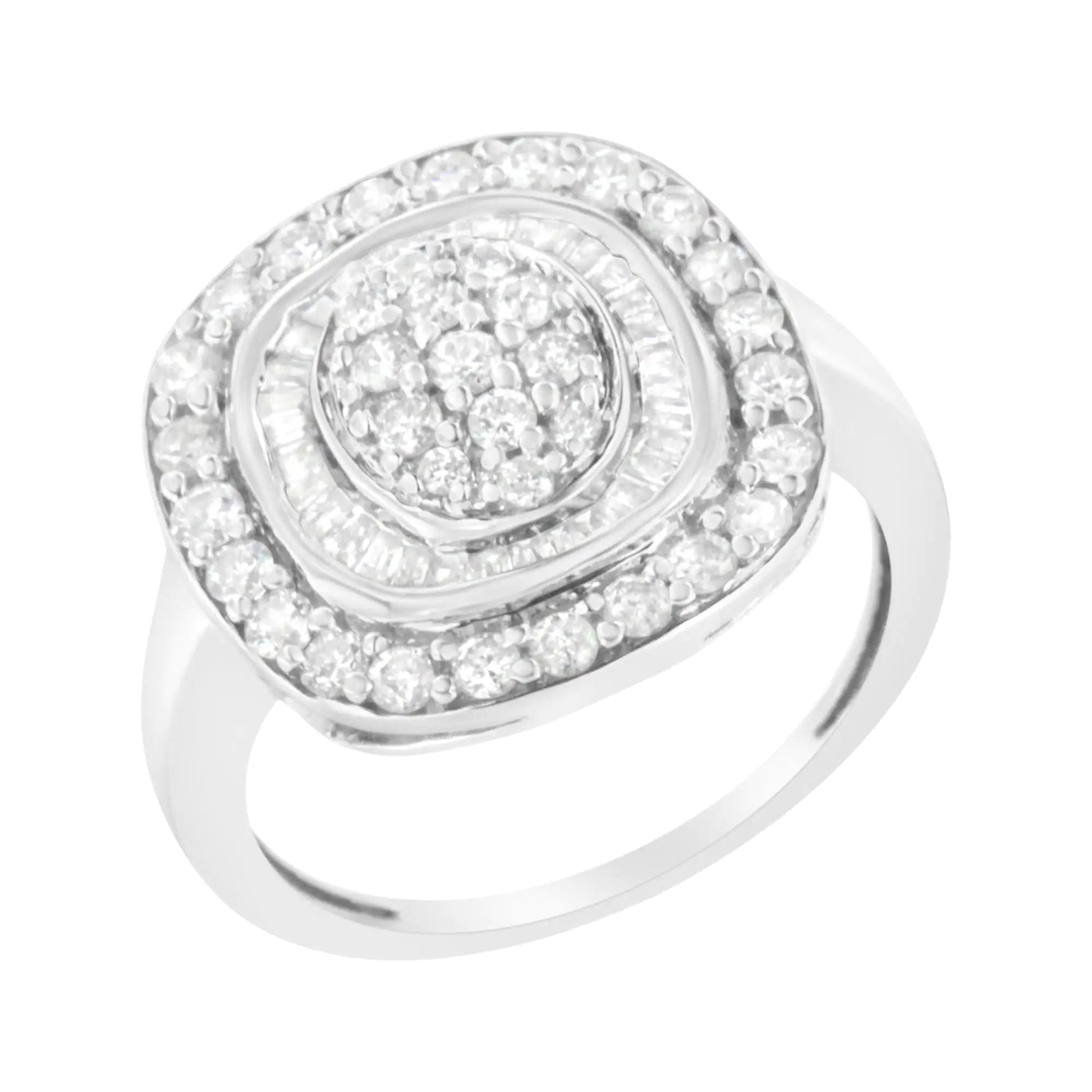 .925 Sterling Silver 1cttw Round and Baguette-Cut Diamond Square Cocktail Ring (I2-I3 Clarity, H-I Color) WEM Support (www.WEM.support)