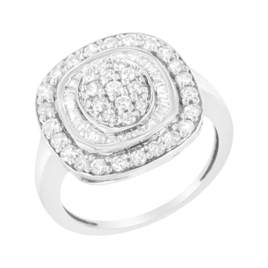 .925 Sterling Silver 1cttw Round and Baguette-Cut Diamond Square Cocktail Ring (I2-I3 Clarity, H-I Color) WEM Support (www.WEM.support)