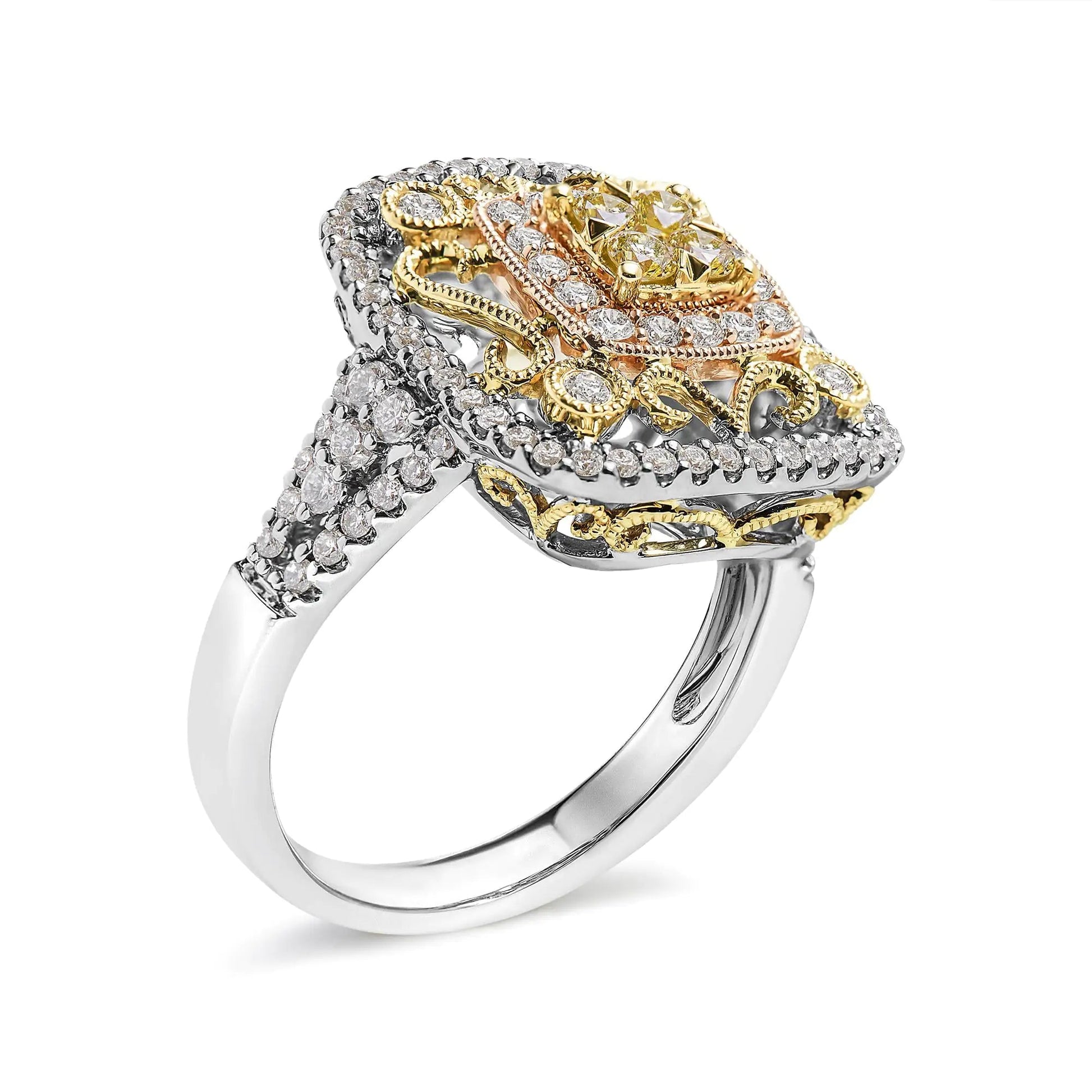 14K Tri-Toned Gold 1.00 Cttw Yellow Diamond Halo and Milgrain Cocktail Cluster Ring (Yellow/G-H Color, SI1-SI2 Clarity) - Ring Size 7 WEM Support (www.WEM.support)