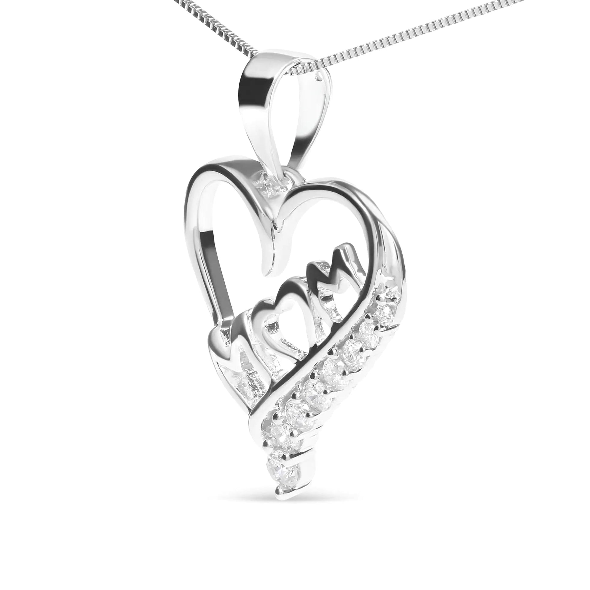.925 Sterling Silver 1/4 Cttw Diamond  "Mom" and Open Heart 18" Pendant Necklace (I-J Color, I2-I3 Clarity) WEM Support (www.WEM.support)