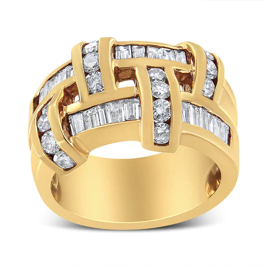 14K Yellow Gold 1 5/8 Cttw Round and Baguette Diamond Lattice Grid Design Ring Band (H-I Color, VS2-SI1 Clarity) - Ring Size 6 WEM Support (www.WEM.support)