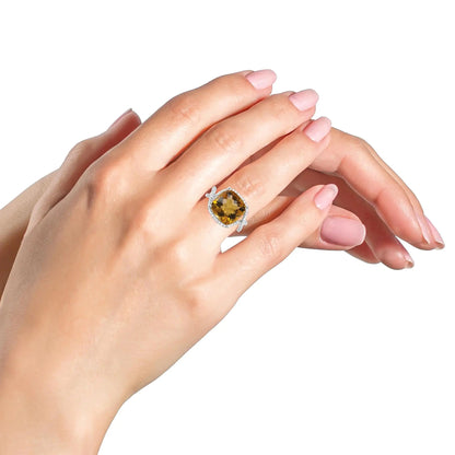 14K White Gold 12mm Cushion Cut Yellow Citrine Gemstone and 1/3 Cttw Round Pave-Set Diamond Ring - (H-I Color, VS1-VS2 Clarity) WEM Support (www.WEM.support)