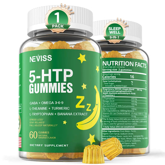 Two bottles of Neviss 5-HTP Gummies, with the front label showing '1 Pack' and the back label displaying nutritional information. The bottles are green with images of gummy vitamins and text detailing the product's benefits.