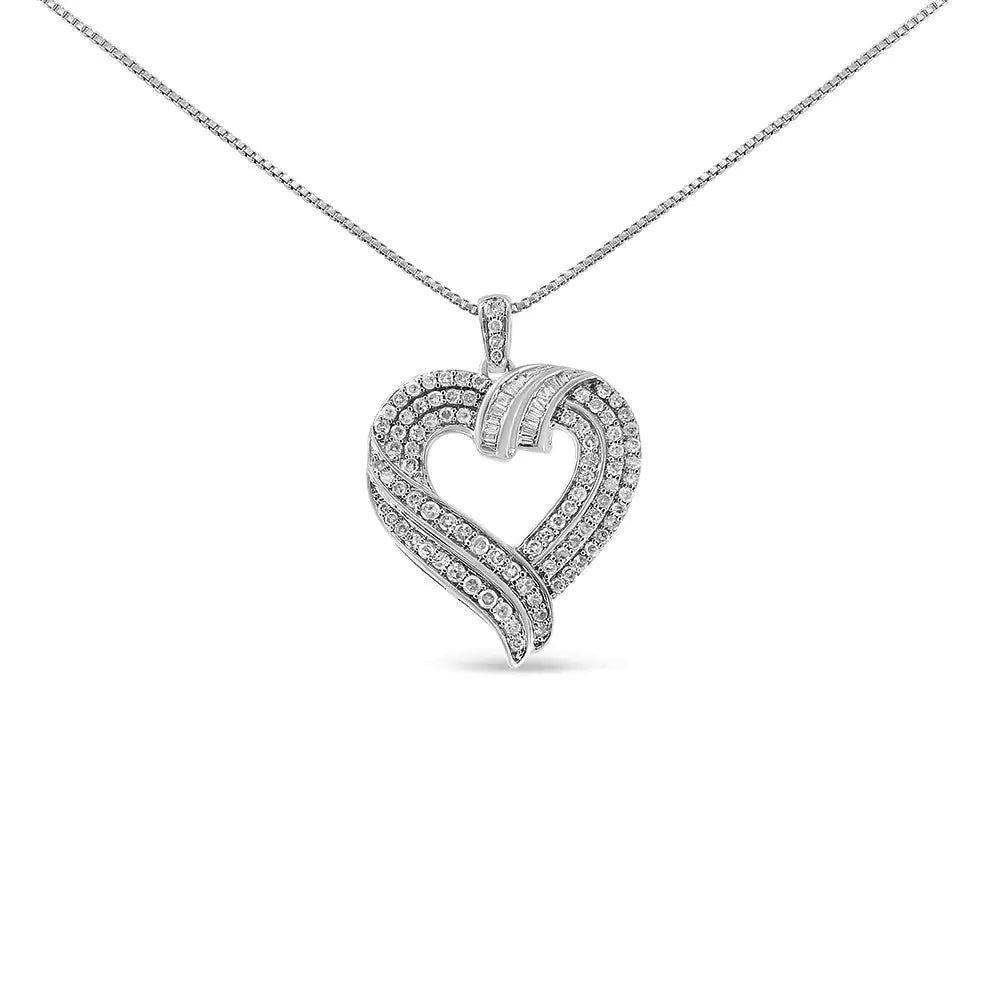 .925 Sterling Silver 1.00 Cttw Baguette Diamond Composite Open Heart 18" Inch Pendant Necklace (I-J Color, I1-I2 Clarity) WEM Support (www.WEM.support)