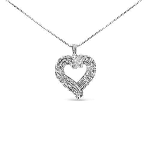 .925 Sterling Silver 1.00 Cttw Baguette Diamond Composite Open Heart 18" Inch Pendant Necklace (I-J Color, I1-I2 Clarity) WEM Support (www.WEM.support)