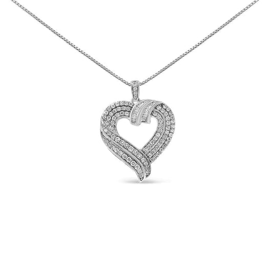 .925 Sterling Silver 1.00 Cttw Baguette Diamond Composite Open Heart 18" Inch Pendant Necklace (I-J Color, I1-I2 Clarity) WEM Support (www.WEM.support)