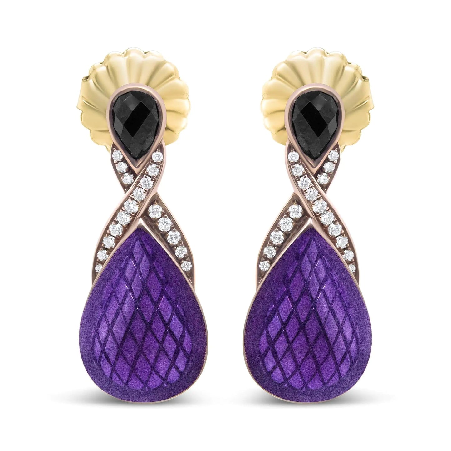 18K Rose Gold Flash Plated .925 Sterling Silver Purple Enamel 1/5 Cttw Round Pave-Set Diamond and 5.5 x 4mm Pear-Shaped Black Onyx Drop Earrings (F-G Color, VS1-VS2 Clarity) WEM Support (www.WEM.support)