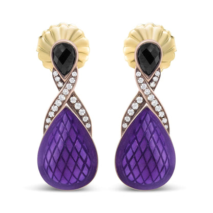 18K Rose Gold Flash Plated .925 Sterling Silver Purple Enamel 1/5 Cttw Round Pave-Set Diamond and 5.5 x 4mm Pear-Shaped Black Onyx Drop Earrings (F-G Color, VS1-VS2 Clarity) WEM Support (www.WEM.support)