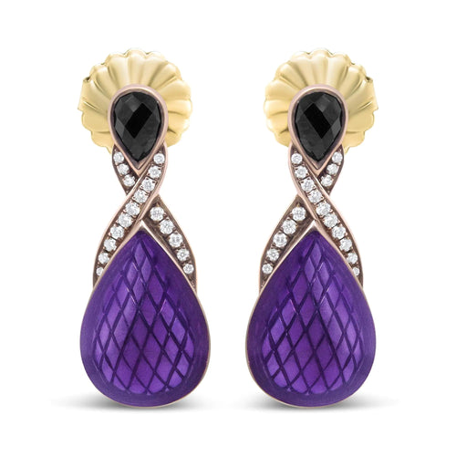 18K Rose Gold Flash Plated .925 Sterling Silver Purple Enamel 1/5 Cttw Round Pave-Set Diamond and 5.5 x 4mm Pear-Shaped Black Onyx Drop Earrings (F-G Color, VS1-VS2 Clarity) WEM Support (www.WEM.support)