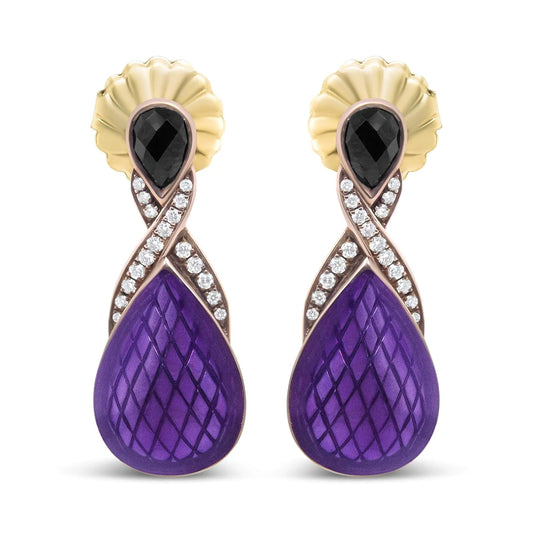 18K Rose Gold Flash Plated .925 Sterling Silver Purple Enamel 1/5 Cttw Round Pave-Set Diamond and 5.5 x 4mm Pear-Shaped Black Onyx Drop Earrings (F-G Color, VS1-VS2 Clarity) WEM Support (www.WEM.support)