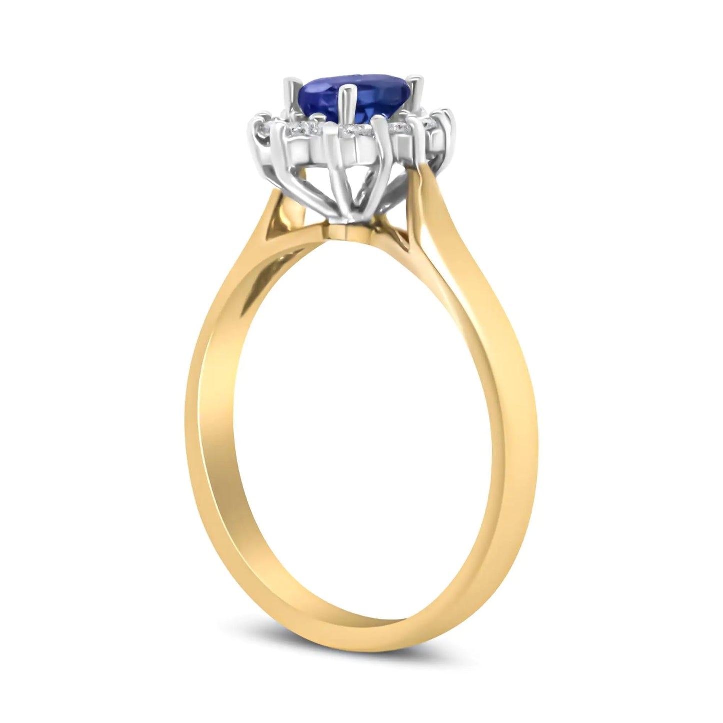 14K Yellow Gold 1/5 Cttw Round Diamond and 6x4mm Oval Blue Tanzanite Halo Ring (H-I Color, I1-I2 Clarity) WEM Support (www.WEM.support)