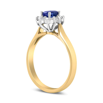 14K Yellow Gold 1/5 Cttw Round Diamond and 6x4mm Oval Blue Tanzanite Halo Ring (H-I Color, I1-I2 Clarity) WEM Support (www.WEM.support)