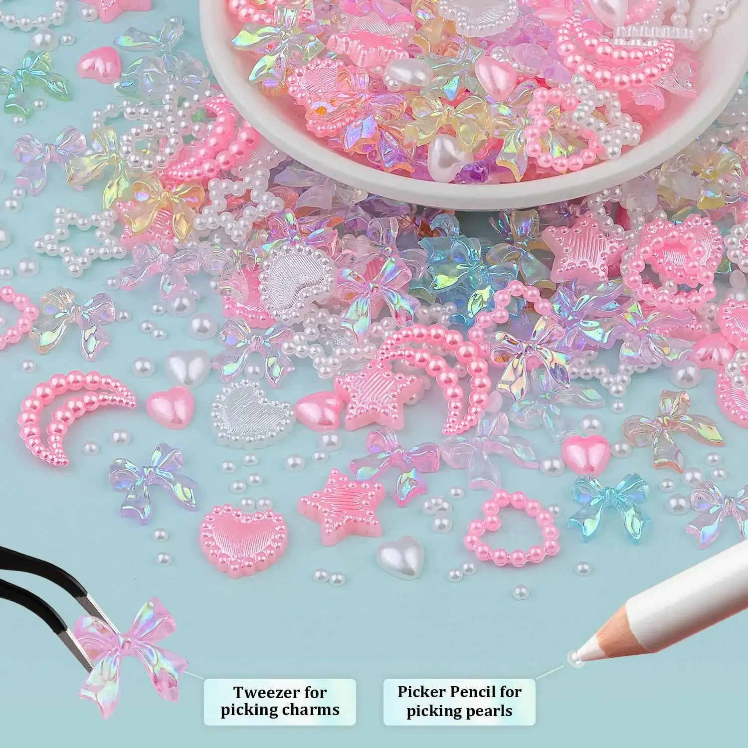 600 Pcs 3D Nail Charms and Flatback Pearls #10, 6 Colors Bow + Pink&White Star Heart Moon Cute Charms + 2-6mm White Pearls for Nail Art Design with Nail Charm Glue(UV Needed) and Pickup Tools Set 11- 8 Colors with Glue 3D Nail Art Set My Store