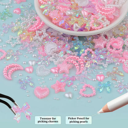 600 Pcs 3D Nail Charms and Flatback Pearls #10, 6 Colors Bow + Pink&White Star Heart Moon Cute Charms + 2-6mm White Pearls for Nail Art Design with Nail Charm Glue(UV Needed) and Pickup Tools Set 11- 8 Colors with Glue 3D Nail Art Set My Store