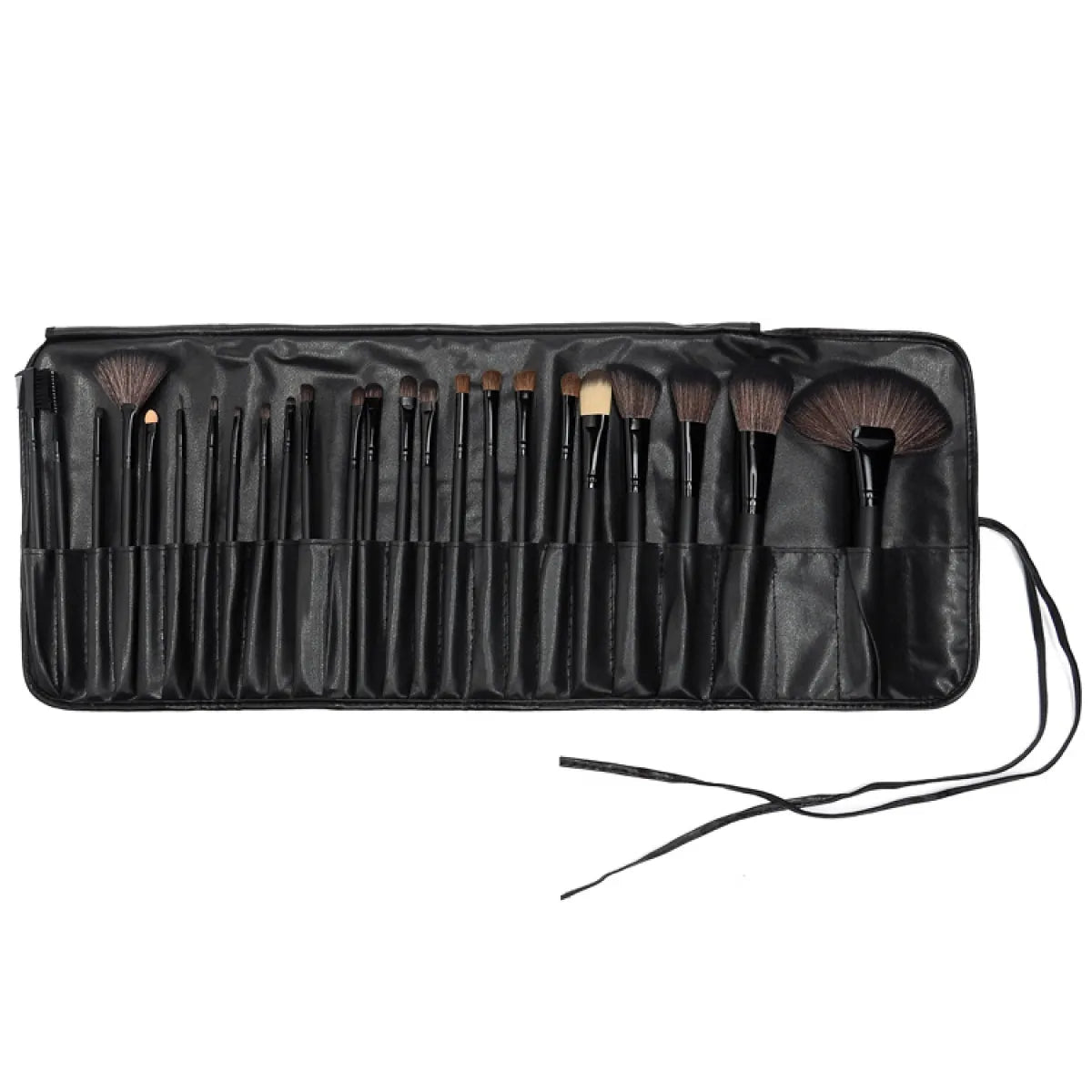 A set of 24 professional makeup brushes with black handles, displayed in an open case.