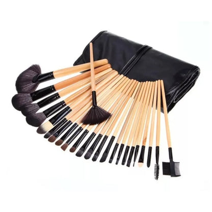 A set of 24 professional makeup brushes with black handles, displayed in an open case.