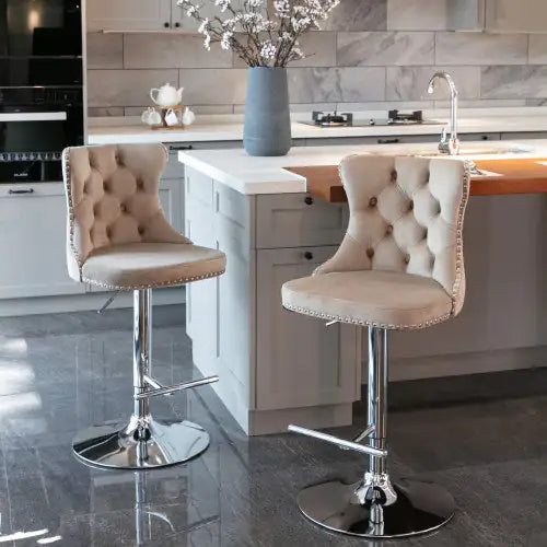 Swivel Velvet Barstools Adjusatble Seat Height From 25-33 Inch Khaki,Set Of 2 WEM Support (www.WEM.support)