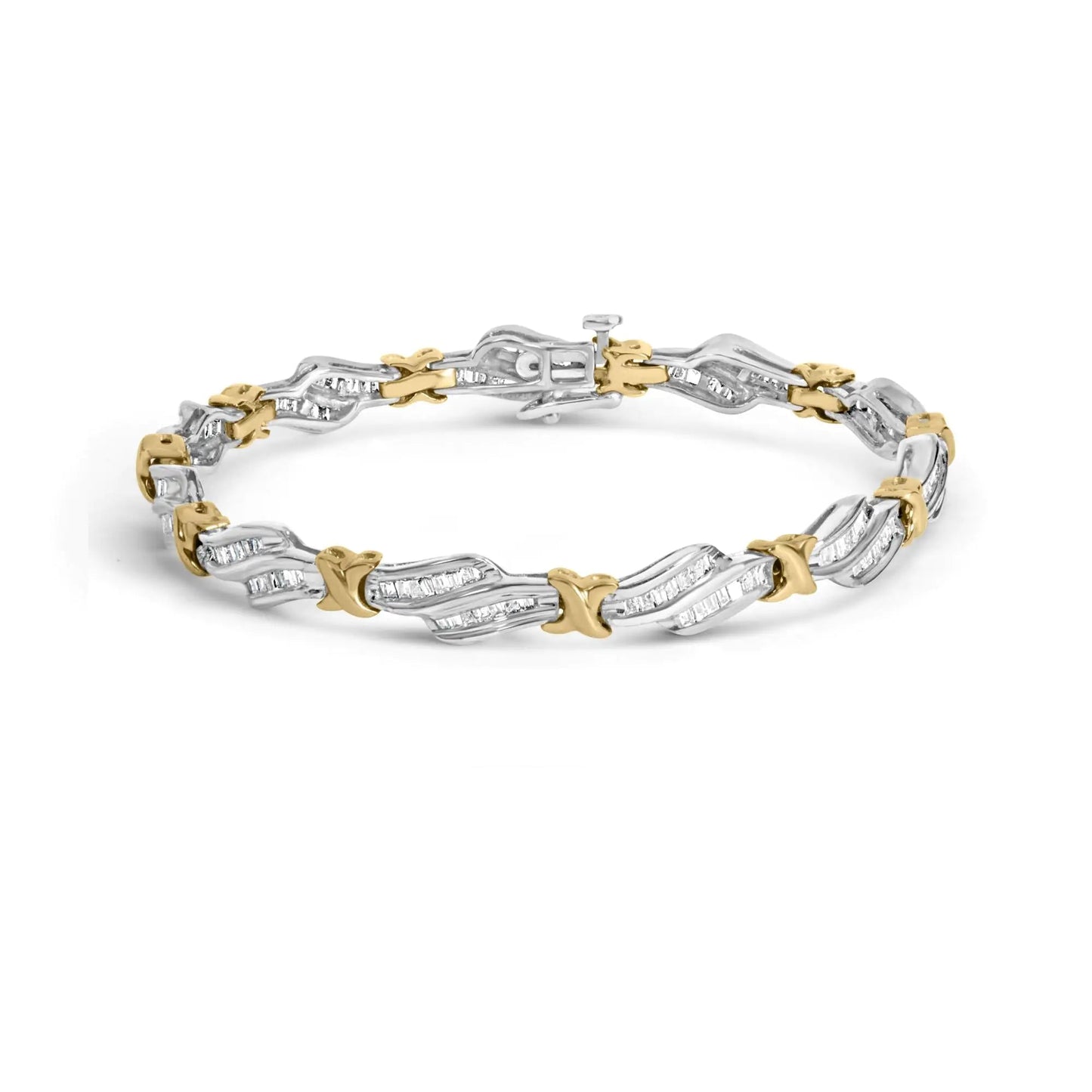 10k Two-Toned Gold 2.00 Cttw Channel Set Baguette-Diamond Weave and  "X" Spiral Link Bracelet (H-I Color, I1-I2 Clarity) - 7" WEM Support (www.WEM.support)