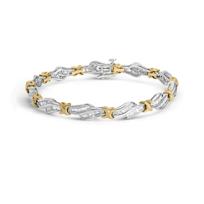 10k Two-Toned Gold 2.00 Cttw Channel Set Baguette-Diamond Weave and  "X" Spiral Link Bracelet (H-I Color, I1-I2 Clarity) - 7" WEM Support (www.WEM.support)