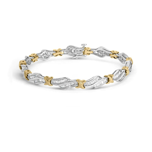 10k Two-Toned Gold 2.00 Cttw Channel Set Baguette-Diamond Weave and  "X" Spiral Link Bracelet (H-I Color, I1-I2 Clarity) - 7" WEM Support (www.WEM.support)