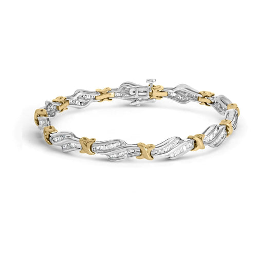 10k Two-Toned Gold 2.00 Cttw Channel Set Baguette-Diamond Weave and  "X" Spiral Link Bracelet (H-I Color, I1-I2 Clarity) - 7" WEM Support (www.WEM.support)