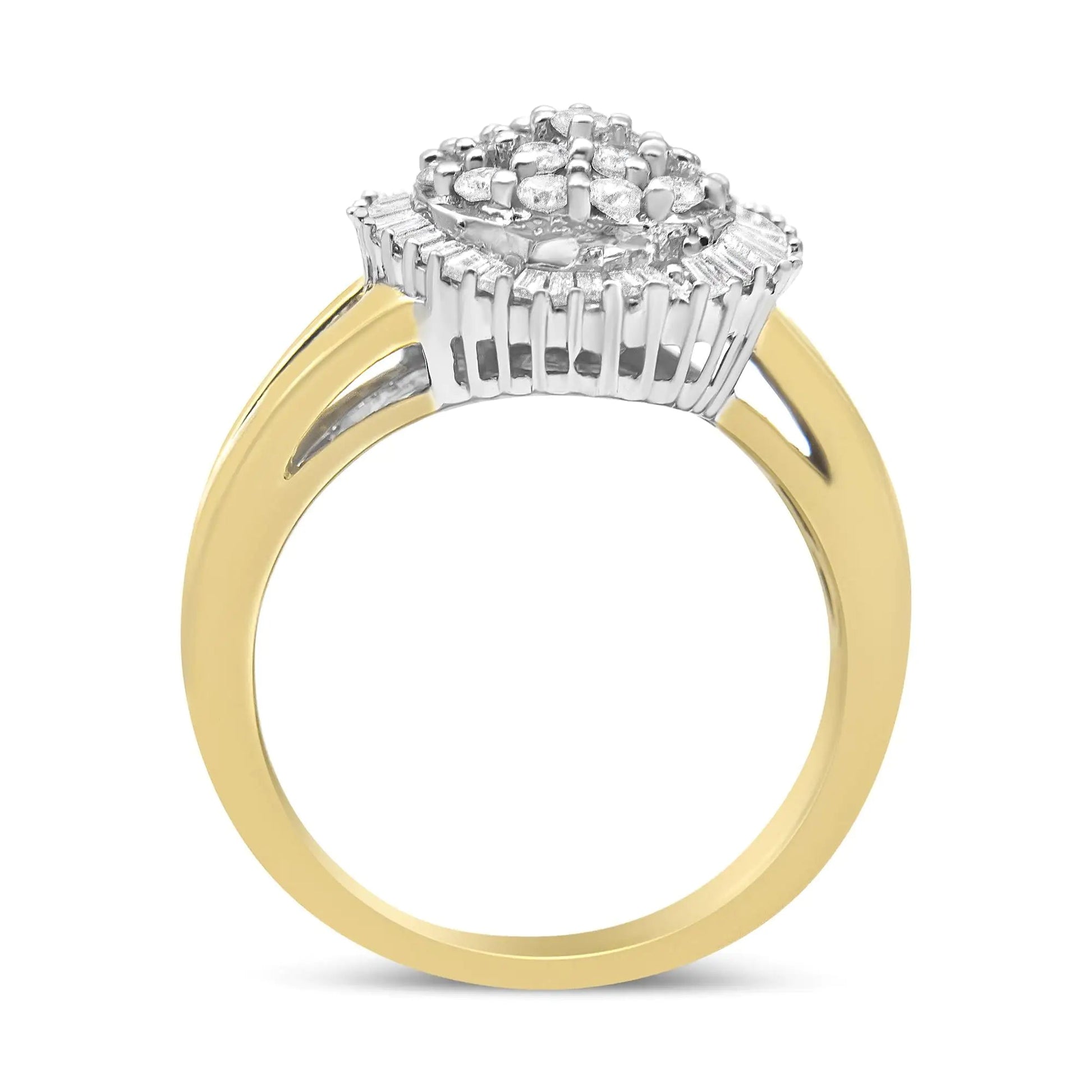 14K Yellow and White Gold 1.00 Cttw Round and Baguette-Cut Diamond Ballerina Cocktail Ring (H-I Color, SI2-I1 Clarity) WEM Support (www.WEM.support)