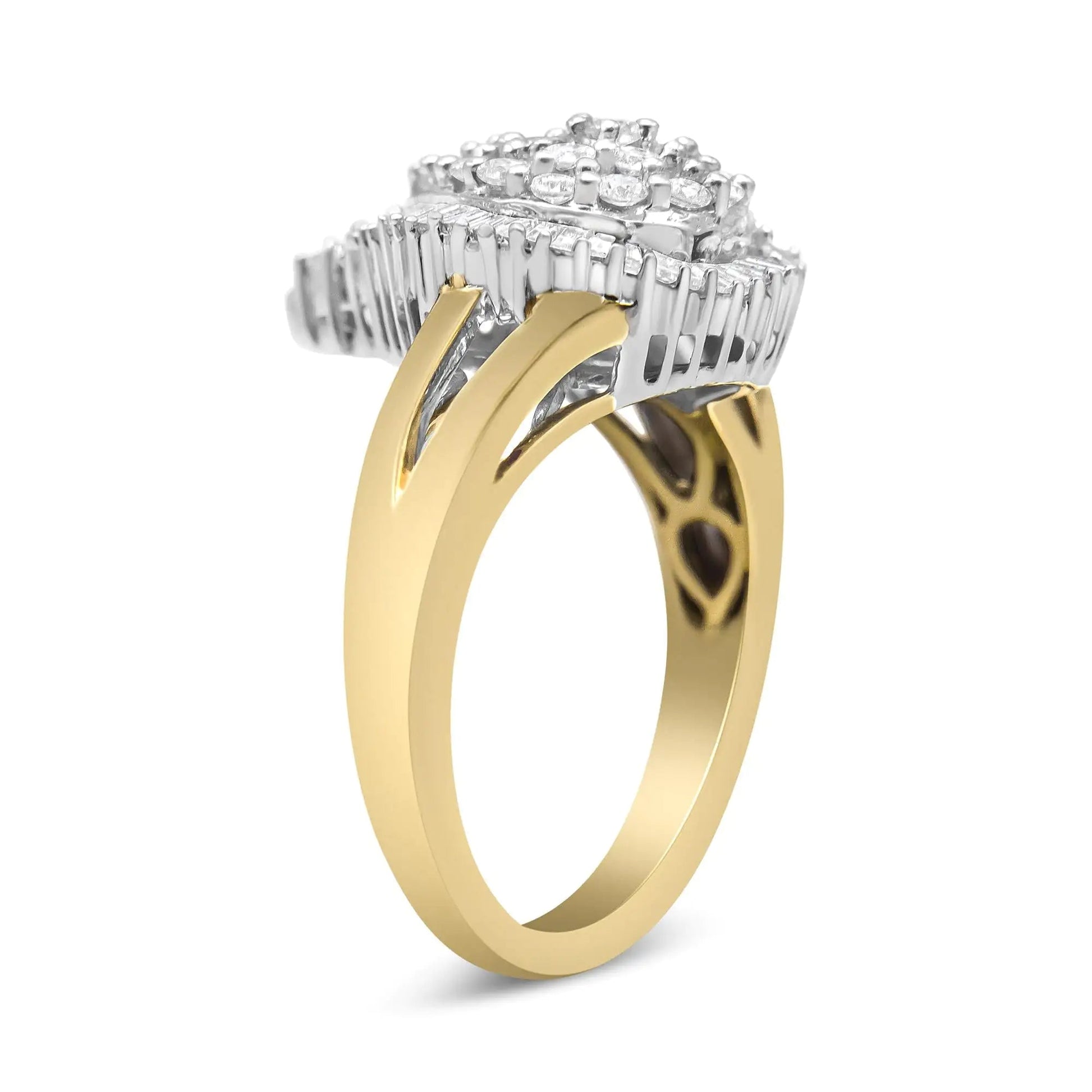 14K Yellow and White Gold 1.00 Cttw Round and Baguette-Cut Diamond Ballerina Cocktail Ring (H-I Color, SI2-I1 Clarity) WEM Support (www.WEM.support)