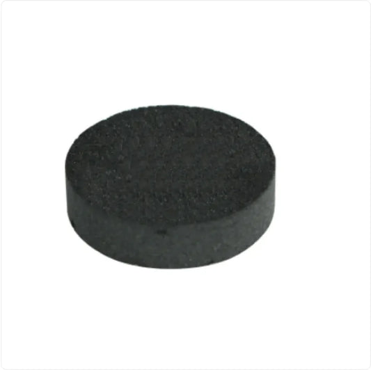 A black, circular, portable pet water bottle designed to be attached to a pet's collar.