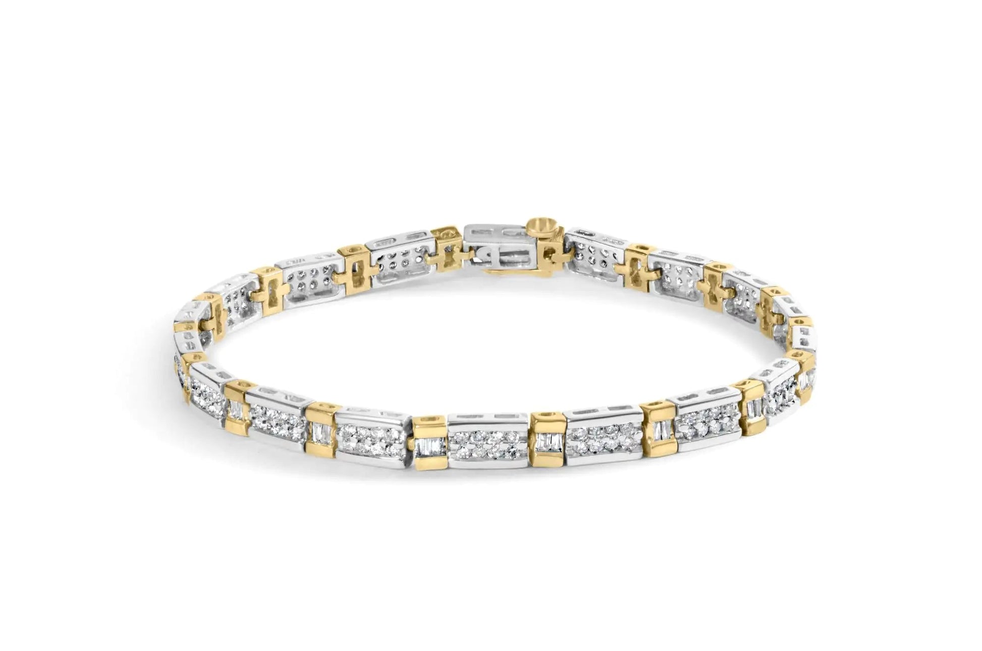 14k Two-Tone 2.00 Cttw Round-Cut and Baguette-Cut Diamond Bar Link 7" Bracelet (I-J Color, SI2-I1 Clarity) WEM Support (www.WEM.support)