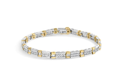 14k Two-Tone 2.00 Cttw Round-Cut and Baguette-Cut Diamond Bar Link 7" Bracelet (I-J Color, SI2-I1 Clarity) WEM Support (www.WEM.support)