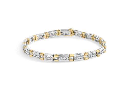 14k Two-Tone 2.00 Cttw Round-Cut and Baguette-Cut Diamond Bar Link 7" Bracelet (I-J Color, SI2-I1 Clarity) WEM Support (www.WEM.support)