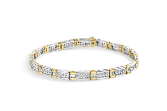 14k Two-Tone 2.00 Cttw Round-Cut and Baguette-Cut Diamond Bar Link 7" Bracelet (I-J Color, SI2-I1 Clarity) WEM Support (www.WEM.support)