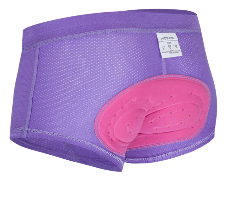 A pair of pink mountain bike riding panties with 3D silicone padding designed for women's cycling comfort.