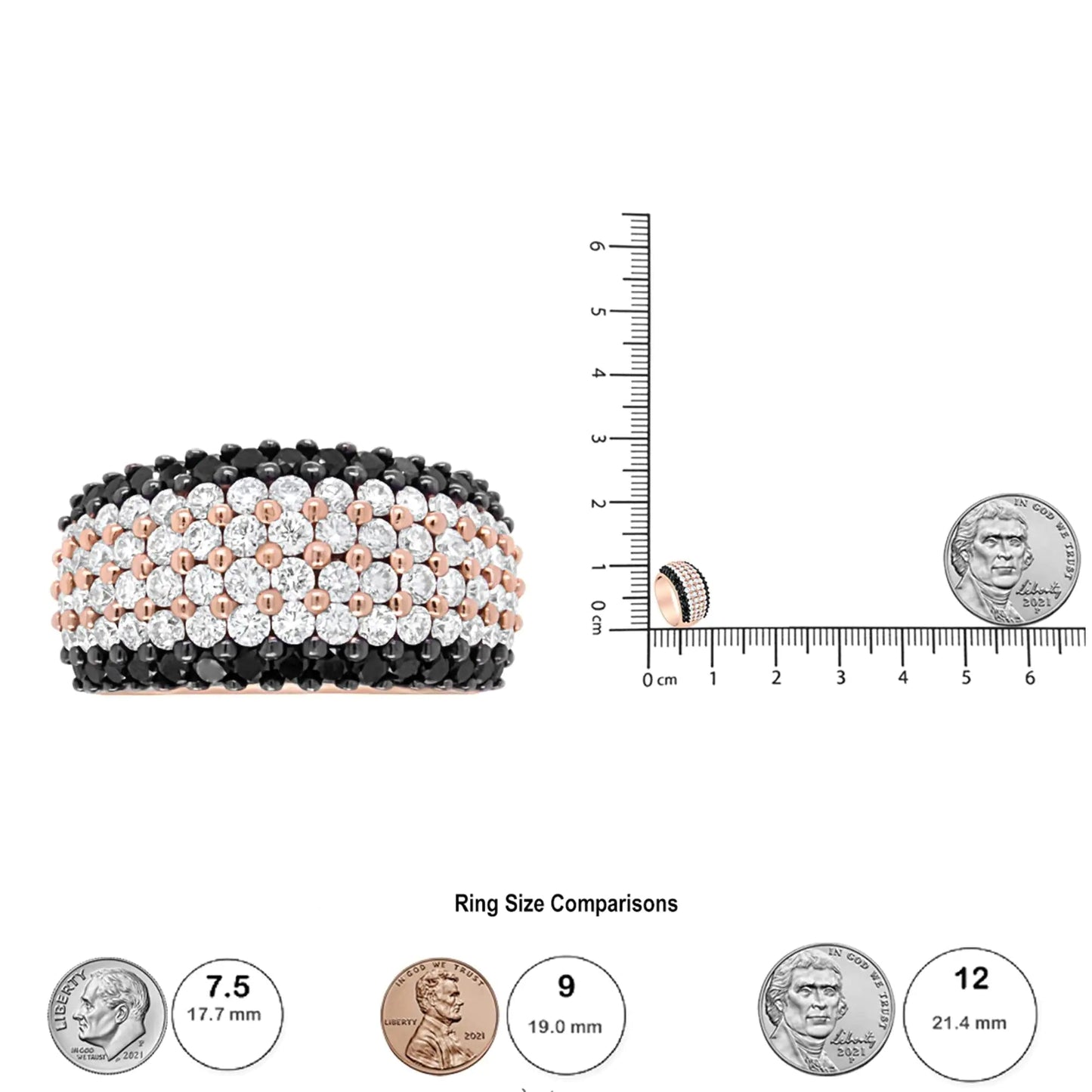 18K Rose Gold 2 1/5 Cttw Black and White Diamond 6 Row Band Ring (F-G and Black Color, VS1-VS2 Clarity) WEM Support (www.WEM.support)
