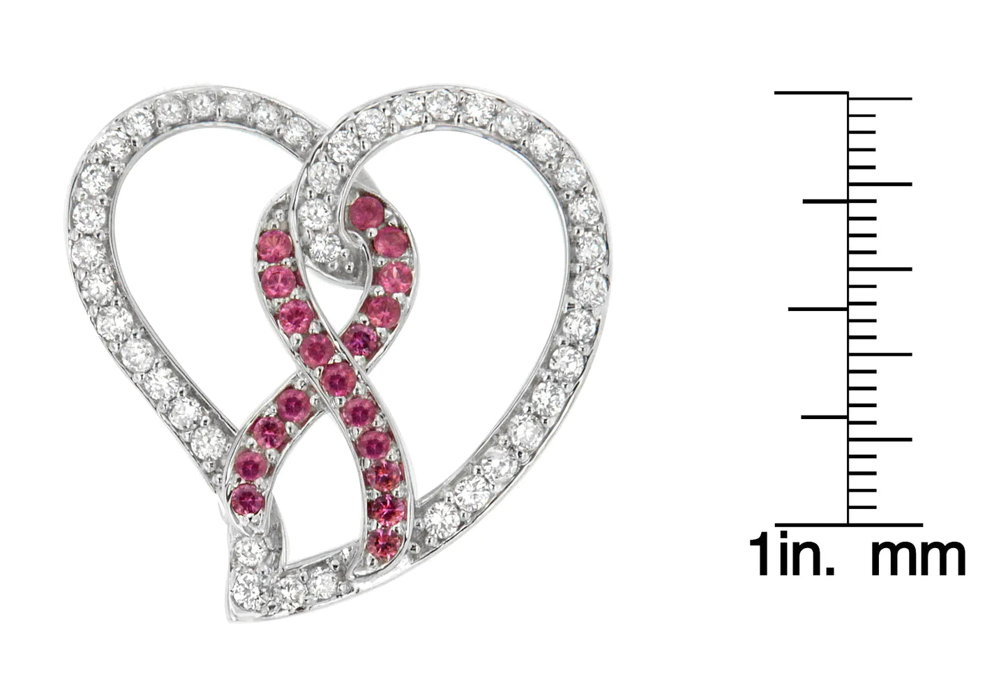 14K White Gold 3/4 Cttw White Diamond Awareness Ribbon & Open Heart 18" Pendant Necklace (H-I Color, I1-I2 Clarity) - 3/8 Cttw Created Pink Sapphire Ribbon WEM Support (www.WEM.support)