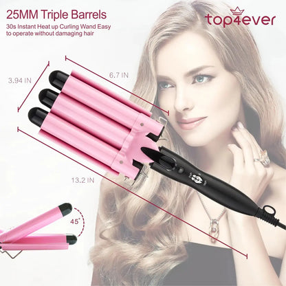 3 Barrel Curling Iron Hair Crimper, TOP4EVER 25mm（1 inch ） Professional Hair Curling Wand with Two Temperature Control,Fast Heating Portable Crimpers for Waving Hair (Pink) My Store