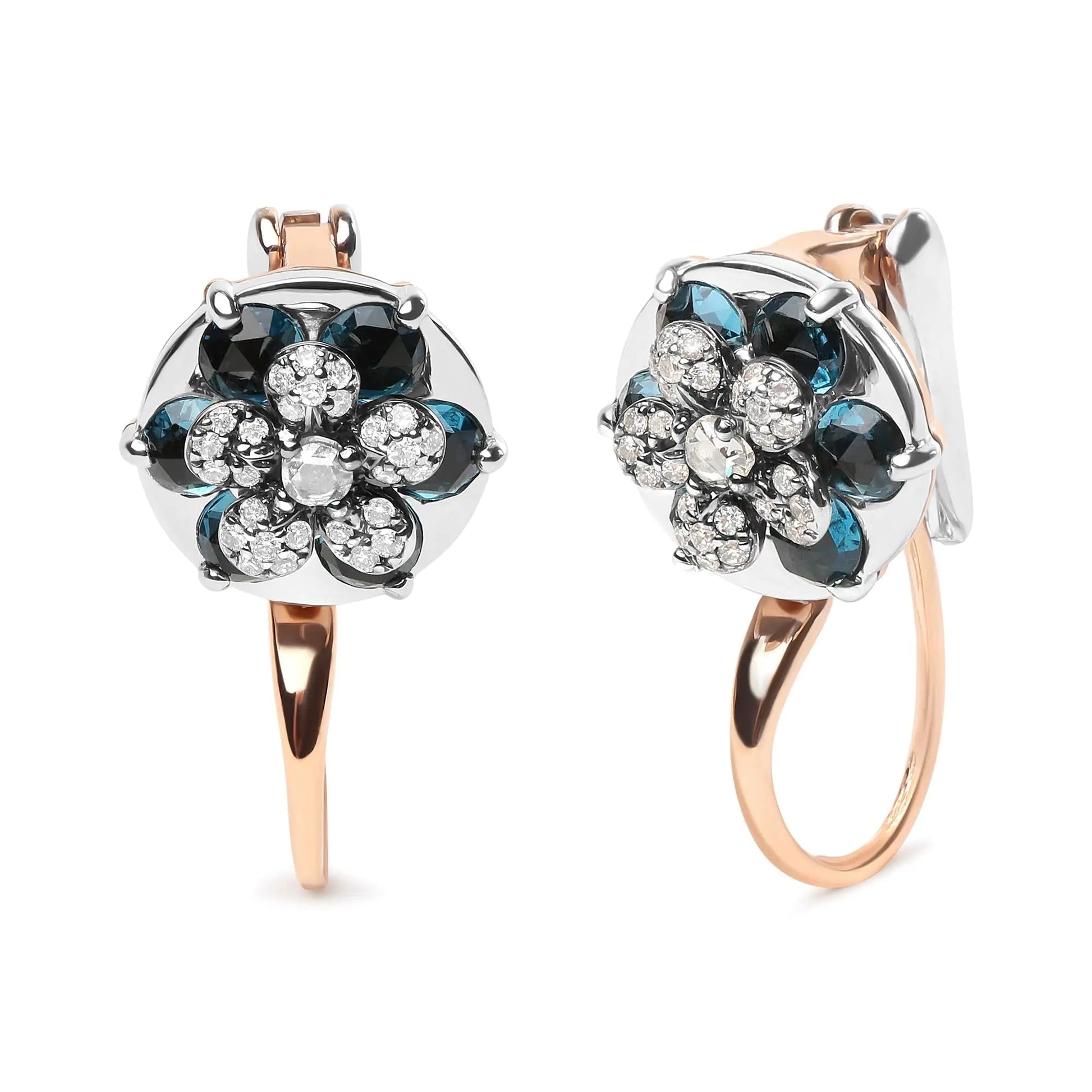 18K Rose and White Gold 1/3 Cttw Round Diamonds and Round London Blue Topaz Gemstone Cluster Floral Drop Hoop Earrings (G-H Color, SI1-SI2 Clarity) WEM Support (www.WEM.support)