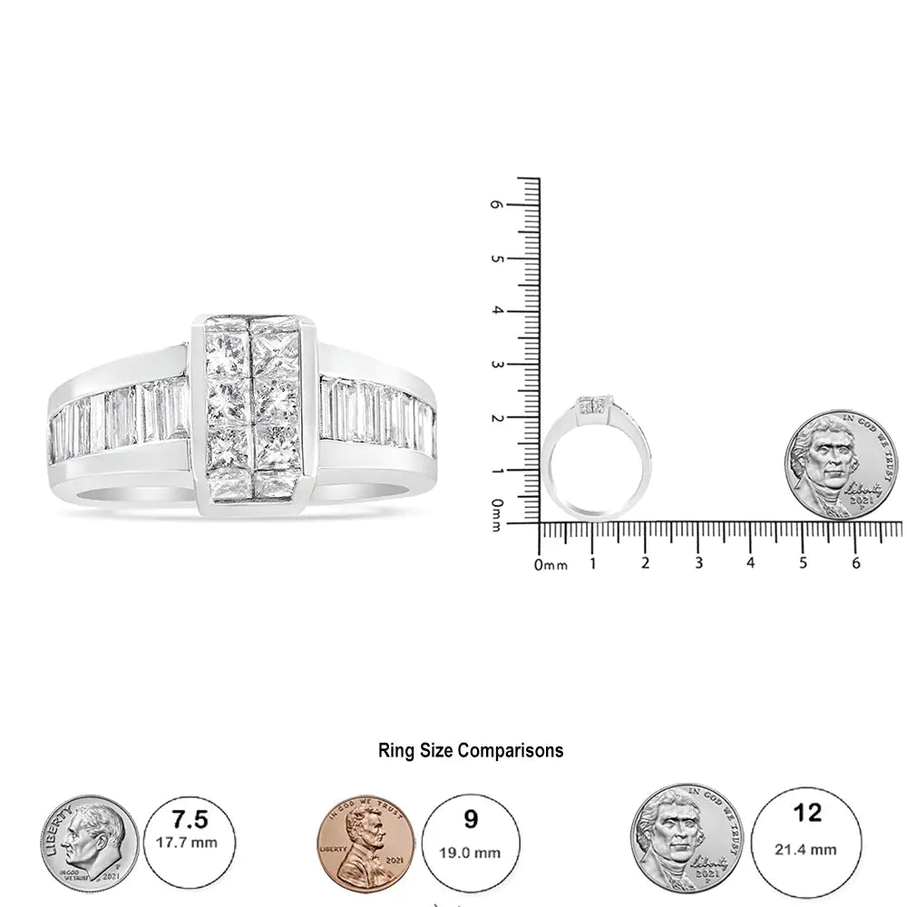 14K White Gold 2 3/4 Cttw Invisible-Set Princess and Channel-Set Baguette Diamond Step Up Cocktail Ring (G-H Color, SI1-SI2 Clarity) WEM Support (www.WEM.support)
