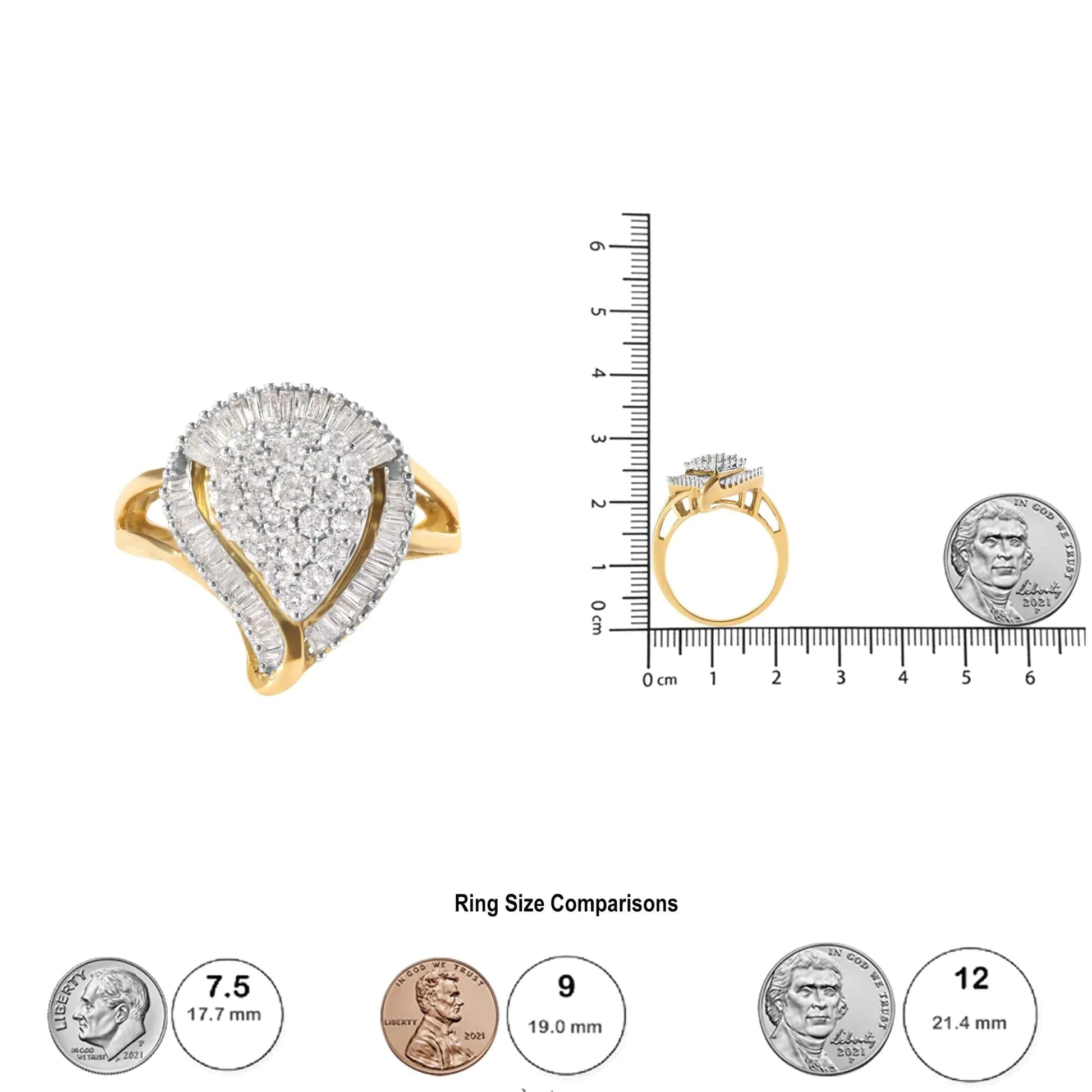10K Yellow Gold 1 Cttw Round and Baguette Cut Diamond Ballerina Cluster Ring (H-I Color, SI2-I1 Clarity) WEM Support (www.WEM.support)